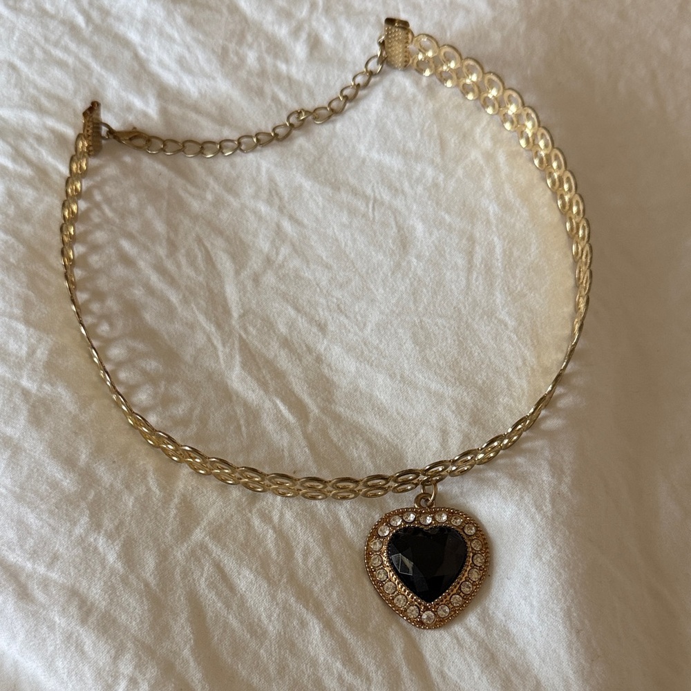 Gold chocker black heart charm jewel gem necklace
